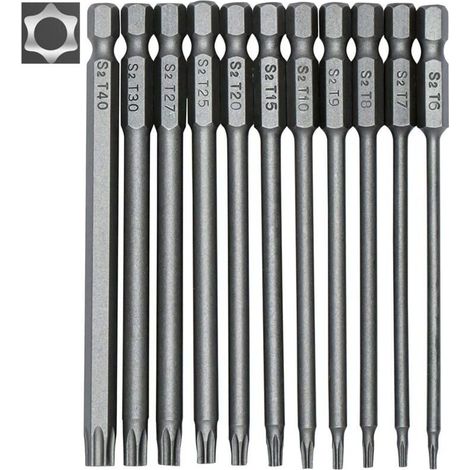 Jeu de 11 embouts longs Torx pour tournevis et visseuse électrique - Embouts magnétiques - Tige hexagonale de 1/4" - Tailles T6 à T40 - Longueur 100 mm- (1/5)