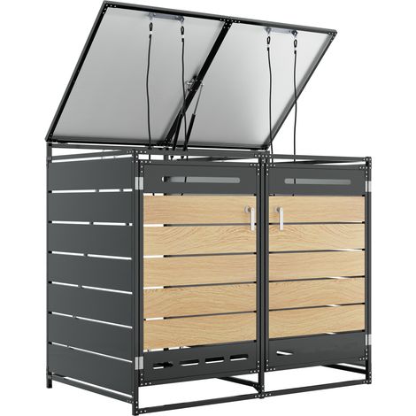ELVMI Mülltonnenbox mit 2 Fächern, Hydraulikdeckel und Einzelschlössern aus Eisen in Schwarz mit Holzoptik (1/5)