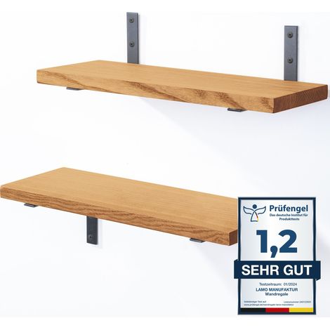 LAMO Manufaktur 2 Stück Wandregal Holz 2x 42cm Schweberegal Massiv 100% Echtholz Hängeregal für Wohnzimmer, Schlafzimmer, Küche, Büro, Badezimmer Wandregale SET 4 Gerade Farbe: Rustikal (1/5)
