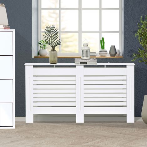 Cubierta de radiador con listones y estante de almacenamiento, cubierta de radiador moderna, cubierta de radiador de MDF, 172x19x81 cm, blanca