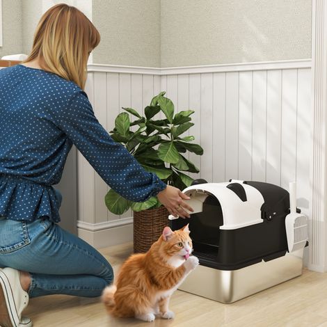 Large Stainless Steel Cat Litter Box with Cute Panda Design, Easy Clean Flip-Top Lid, Odor Control Features, and Scoop Included