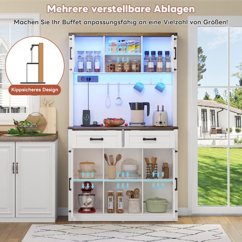 Buffet de rangement avec éclairage LED et prises intégrées, grand meuble de cuisine à 2 tiroirs spacieux, design porte de grange, table basse rustique avec étagères ajustables, meuble d'appoint pour c (1/5)