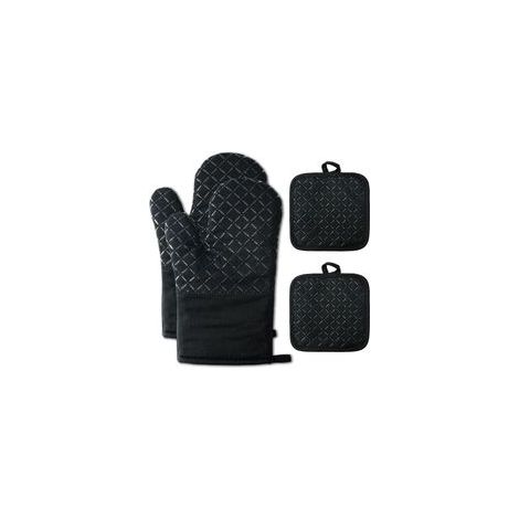 Gants de Four Gants de Four 1 Paire et Manique Silicone Gants de Cuisine Cuisine avec Tapis de Maniques Résistant à Chaleur Antidérapant Gant Four pour BBQ Cuisiner Cuire Micro-Ondes (Noir)
