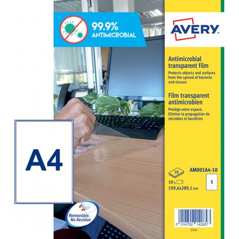 AM001A4-10 Avery 10 Films Antimicrobiens 199,6 x 289,1 mm (AM001A4-10) - Lot de 10 Films Antimicrobiens 199,6 x 289,1 mm avec adhésif amovible (1/5)