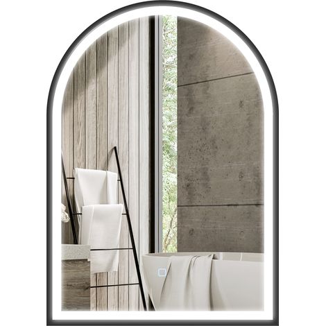 Miroir LED salle de bain arqué 50x70 cm – Anti-buée, 3 couleurs, dimmable, mémoire, noir (1/5)