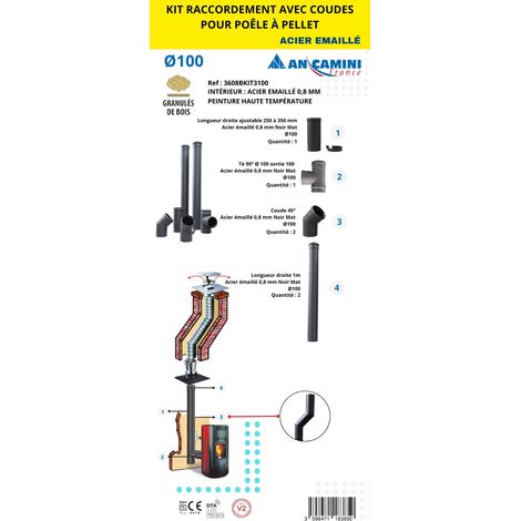 AN CAMINI Kit de raccordement avec coudes pour poêle à pellets - acier émaillé noir 0,8 mm Ø100 - avec longueurs droites, coudes 45° et té 90°