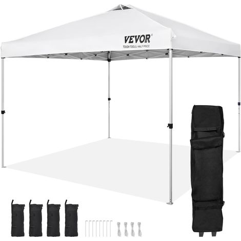 Tonnelle Pop-up 304,8x304,8 cm Tonnelle Auvent Jardin Bâche Enduit Argenté PU 250D Sac à roulettes Portable 4 Sacs de Sable Abri Solaire Imperméable pour Plein Air, Plage, Fête, Camping, Blanc (1/5)