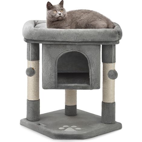 Arbre à Chat avec Niche et 2 balles en Peluche avec grelot, Hauteur 60 cm, avec Corde en sisal Robuste et Peluche Douce, Surface de Repos Confortable, pour Petits et Grands Chats, Gris foncé (1/5)