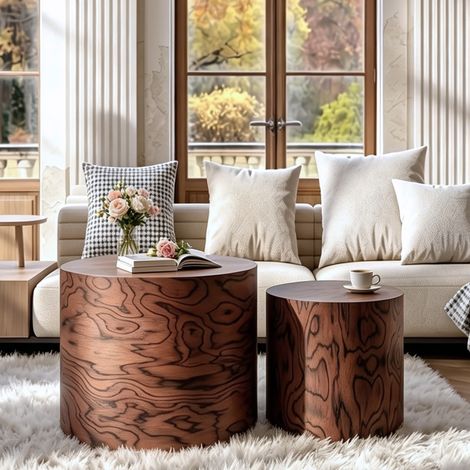 Mesa de centro nido redonda 2 piezas Ø48xH38 cm, para salón y dormitorio, madera y MDF - marrón oscuro (1/5)