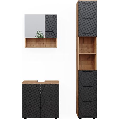 Conjunto de muebles de baño Irma, Rayas antracita, 3 partes, con unidad alta, Vicco