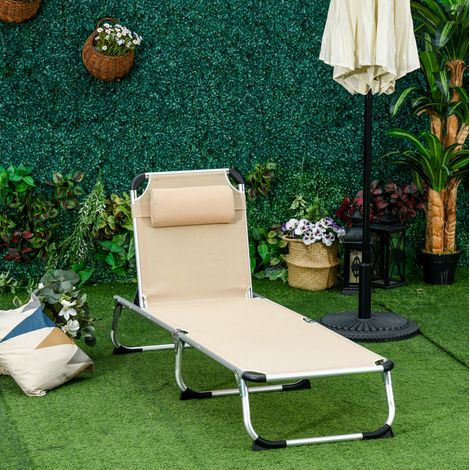 Tumbona de exterior de aluminio beige, plegable, respaldo ajustable en 4 posiciones, con cojín extraíble 189x60x28 cm (1/5)