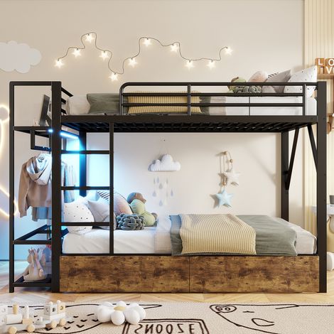 Lit superposé avec cadre en métal, 140x200 cm, avec bureau, 2 tiroirs et étagères, bande LED, garde-corps – Lit pour enfants, sans matelas - Noir (1/5)