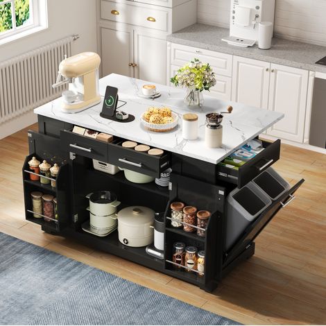 138 cm,Moderne Kücheninsel mit Klapparbeitsplatte, geräuscharmen Rollen, EU-Steckdose, verstellbaren Regalen und Auszieh-Müllraum-Schwarz – Marmor-Arbeitsplatte (1/4)