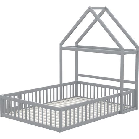 Lit enfant au sol 140x200 cm en bois massif gris, avec sommier à lattes, barrière intégrale, porte et rangement (1/5)