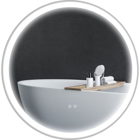 Espejo de baño con iluminación LED, Ø 60 cm Espejo iluminado con función táctil, función memoria, antivaho con marco de aluminio