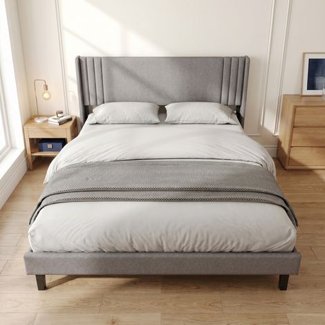 Lit adulte 140x200 cm, Lit double capitonné avec tête de lit et sommier à lattes silencieux, Lin, style Moderne, Gris (1/5)