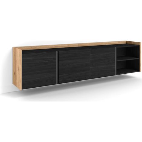 Skraut Home - Meuble TV, Banc Télé, Grand espace de Rangement, 207x35x50 cm, Pour les TV jusqu'à 80", Suspendu, Mural, Style moderne, Noir et chêne (1/5)