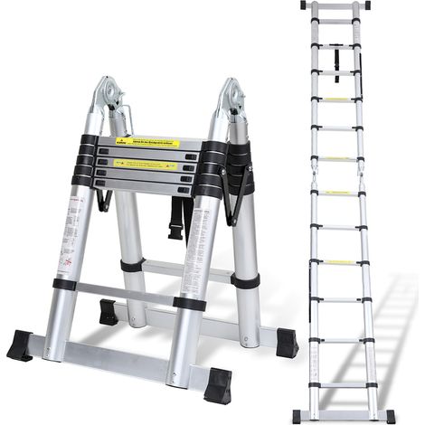 Randaco Échelle télescopique Échelle pliante Aluminium Escabeau sans crochets Avec stabilisateur 1,9m+1,9m Argent - Argent