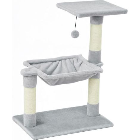 Arbre à chat 3 griffoirs grattoirs sisal naturel plateforme hamac et boule suspendue 50 x 26 x 70 cm peluche courte gris (1/5)