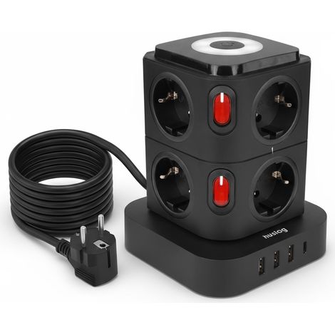 Multiprise Tour avec Interrupteur, 8 Prises + 4 USB, Noire (1/5)