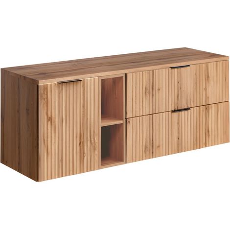 Badezimmer-Set NOXERA 140 cm – Wotaneiche – Waschtischplatte mit Nischen und Wäschekorb