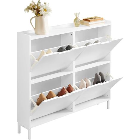 Sobuy – Meuble à chaussures 4 abattants FSR100W – Rangement en bois MDF E1 – Dimensions L100 x P19 x H91 cm – Capacité 60kg – Blanc (1/5)