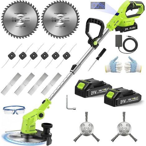 Cordless Electric Brushcutter with LCD Display, Cordless Edge Trimmer with 2 x 21V Batteries and Wheel, 4-in-1 for Garden, Weed and Driveway (1/5)