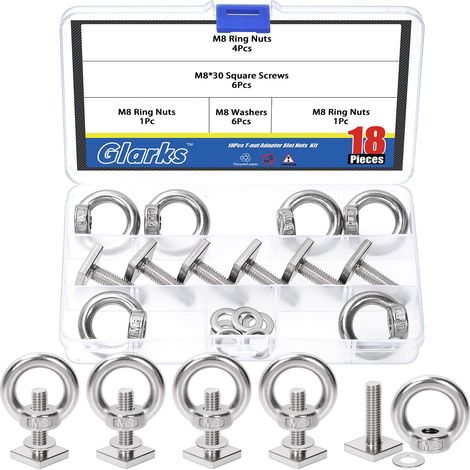 6 ensembles M8 x 30mm boulon de tête carrée avec écrou d'œil de levage et kits de rondelles, boulons de toit en acier inoxydable entièrement fileté, kit de vis de machine carrée pour machines (1/5)