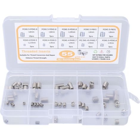 Kit de 55 écrous à insérer filetés M2 M2.5 M3 en acier inoxydable, assortiment de fixations pour réparation (1/5)