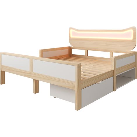 Lit enfant 140 x 200 cm tête de lit chat LED RGB, tiroir, rangement, barrière, blanc chêne (1/5)