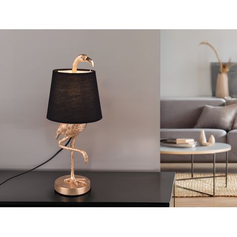 Retro LED Tischleuchte Flamingo Gold mit Stoffschirm in Schwarz, Höhe 42cm (1/5)
