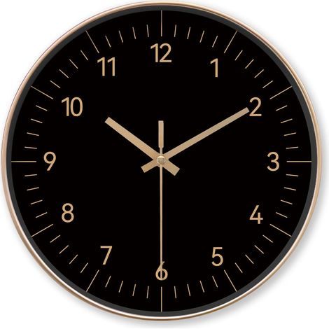 Horloge murale ronde minimaliste de luxe (12 pouces) avec accents noirs et dorés (piles non incluses) (1/5)