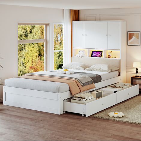 Cama 90 x 200 cm con cabecero acolchado, almacenaje, LED y enchufe, blanco DESVIAE (1/5)