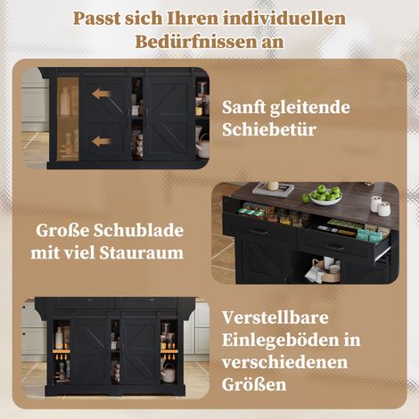 Îlot de cuisine noir 120×45(70)×91cm plan pliant sur roues,2 portes coulissantes et 2 tiroirs style grange pour rangement.