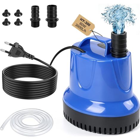 Pompe Aquarium Immergée 60W 3000L/H, Mini Pompe a Eau Vide Cave, pour Eaux Chargées, Bassin Exterieur, Piscine, Relevage – Bleu (1/5)