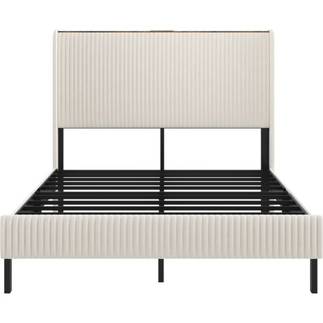 Plattformbett 140 x 200 cm aus beigem und cremefarbenem Cord mit gepolstertem Kopfteil MODENUIT (1/5)