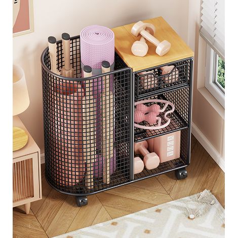 Chariot de rangement à roulettes pour tapis de yoga, grand panier de rangement en métal, idéal pour le sport et le fitness à domicile, multifonctionnel, noir, dimensions : 50 × 50 × 25 cm (1/5)