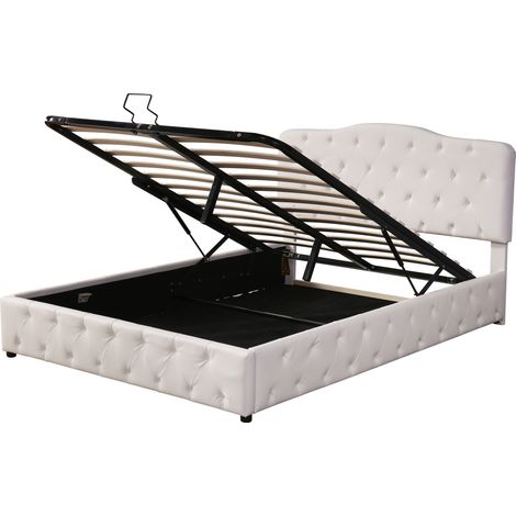 Lit rembourré, lit double, lit fonctionnel hydraulique, lit continental, tête de lit réglable en hauteur, motif litchi, cuir synthétique, 140 x 200, blanc (1/5)