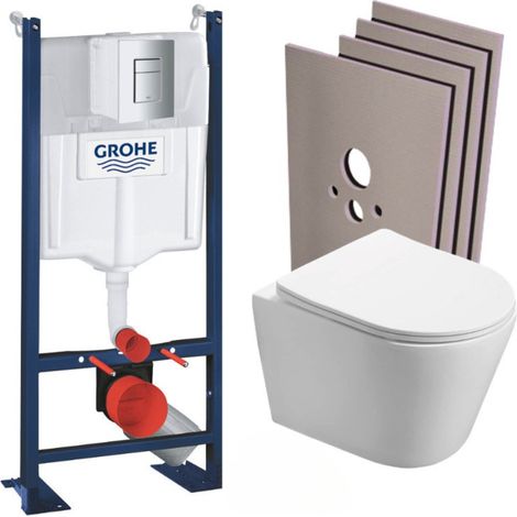 Grohe – Pack WC bâti autoportant sans bride – Cuvette céramique 48cm – Abattant softclose – Plaque chrome mat – Set habillage Jackoboard