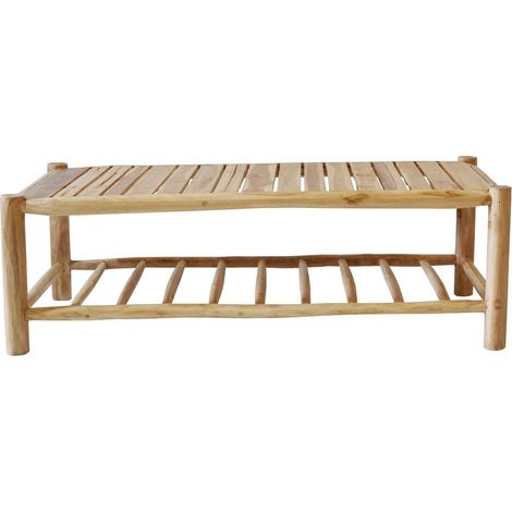Table basse en teck naturel avec 2 étagères de rangement pour salon et véranda - PANGIVO (1/2)