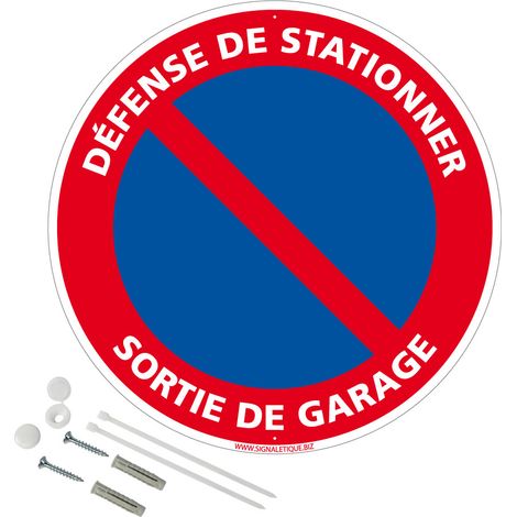 Panneau de signalisation rétro réfléchissant rond prépercé PVC ou ALU diam 250mm ou 300mm + Kit de fixation pour pose facile, rapide - Défense de stationner sortie de garage - Plastique PVC 1 mm - Rét