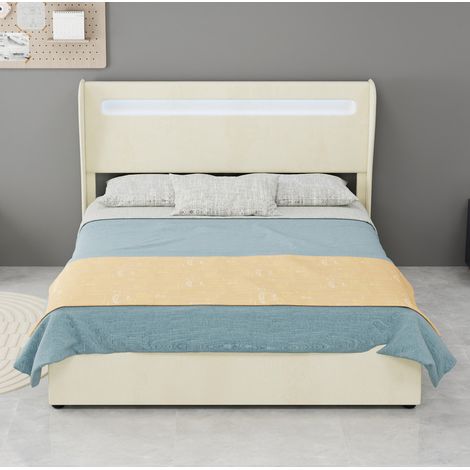 Lit rembourré moderne en tissu beige 140x200 cm avec tête de lit réglable et LED intégrée
