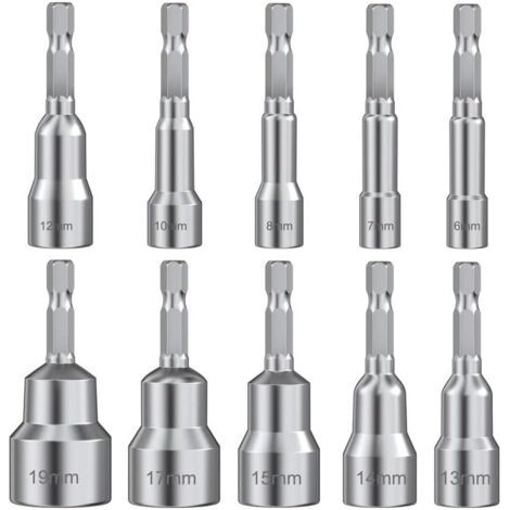 Lot de 10 douilles hexagonales magnétiques 6/7/8/10/12/13/14/15/17/19, adaptateur de douille pour perceuse ou tournevis (1/5)