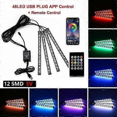 Kit d'éclairage d'ambiance LED néon pour l'intérieur de voiture (48 LED, télécommande, application, USB) avec commande musicale et éclairage décoratif RGB automatique. (1/5)