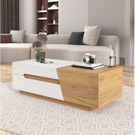 Tavolino 120x50x37,5 cm in MDF con 2 cassetti e vano portaoggetti interno, bianco e legno naturale (1/5)