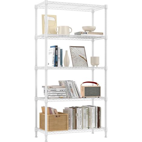 Étagère Métallique à 5 Niveaux, Capacité de Charge Totale 567,5 kg, Étagère de Rangement en Acier pour Garage, Cellier, Buanderie, Garde-Manger et Cave, Blanc Mat, 30×75×151,1 cm (1/5)