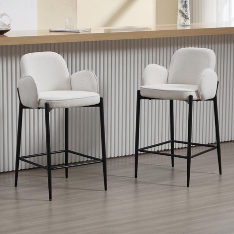 Barhocker 2er Set mit Armlehne aus Chenille, gepolstert, Metallbeine, Weiß (1/5)