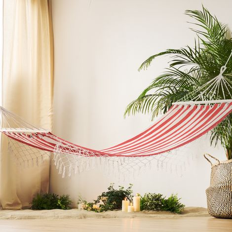 Outsunny Hamac de voyage portable style hippie chic 2L x 1m coton polyester rouge crème rayé (1/5)