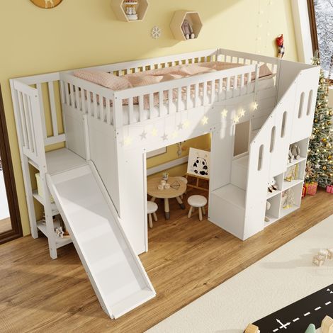 Cama Alta 90×200 cm, Cama Individual con Tobogán, Escalera con Almacenaje y LED, sin Colchón, en Pino, Blanco (1/5)