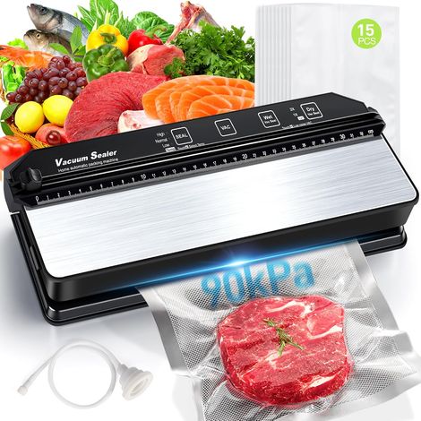 Machine Sous Vide Alimentaire, 90kPa Appareil Mise Sous Vide Alimentaire Sec et Humide à Double Pompe, Tout en 1 Sous Videuse Alimentaire avec 13mm Scellage Elargi, 15 Sacs